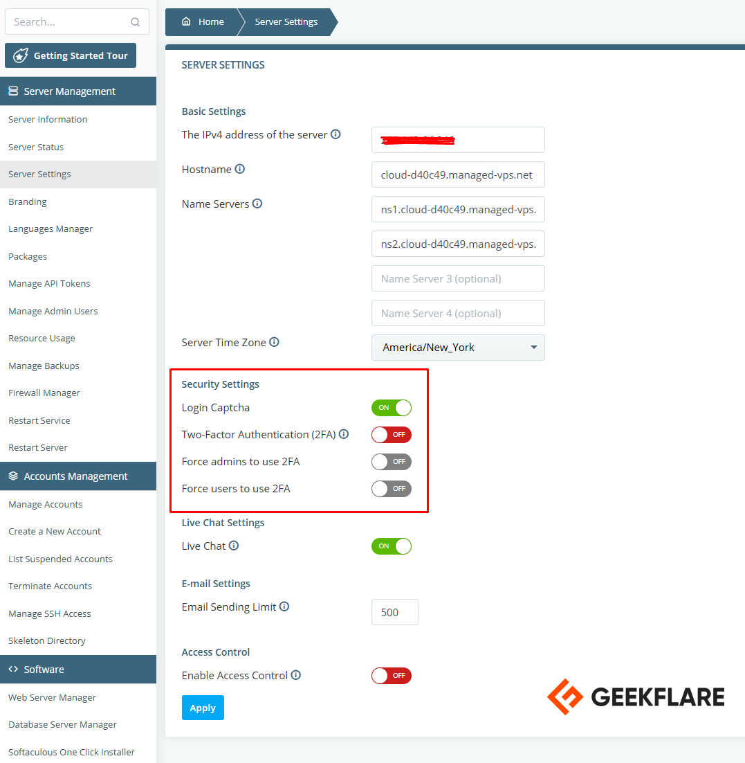 security settings spanel