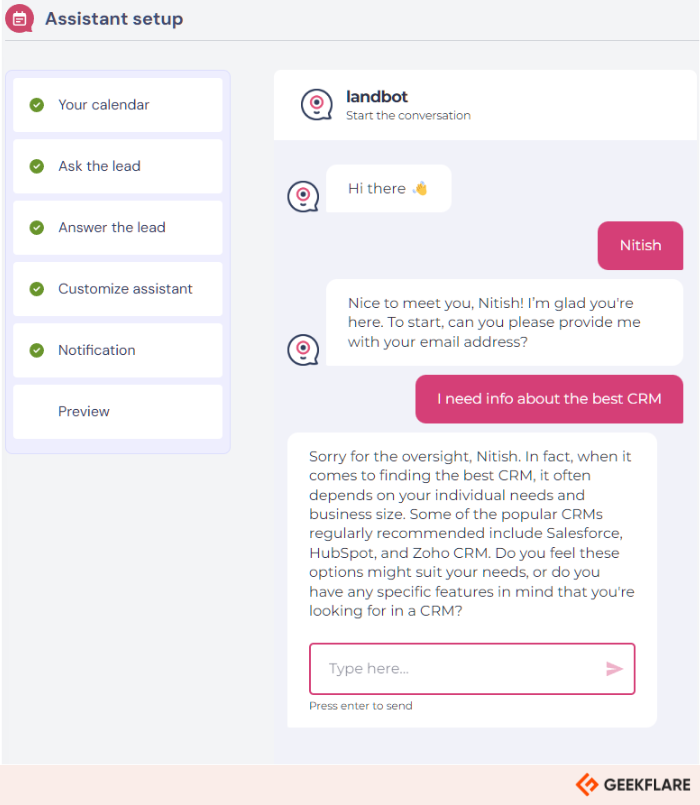 Landbot assistant preview